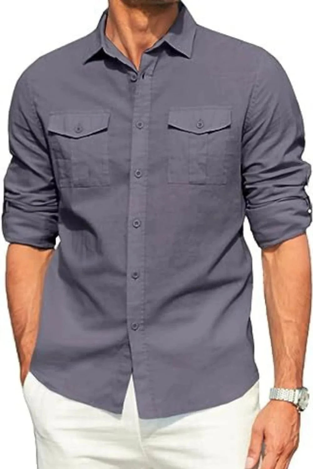 Trendsi Apparel & Accessories > Clothing > Swimwear Dark Gray / M Men's Plus Size Button Down Collared Neck Long Sleeve Shirt Men's Plus Size Button Down Collared Neck Long Sleeve Shirt