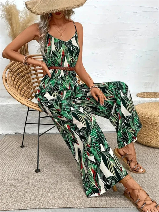 Trendsi Apparel & Accessories > Clothing > Swimwear Dark Green / S Tropical Print Spaghetti Strap Wide Leg Jumpsuit Tropical Print Spaghetti Strap Wide Leg Jumpsuit