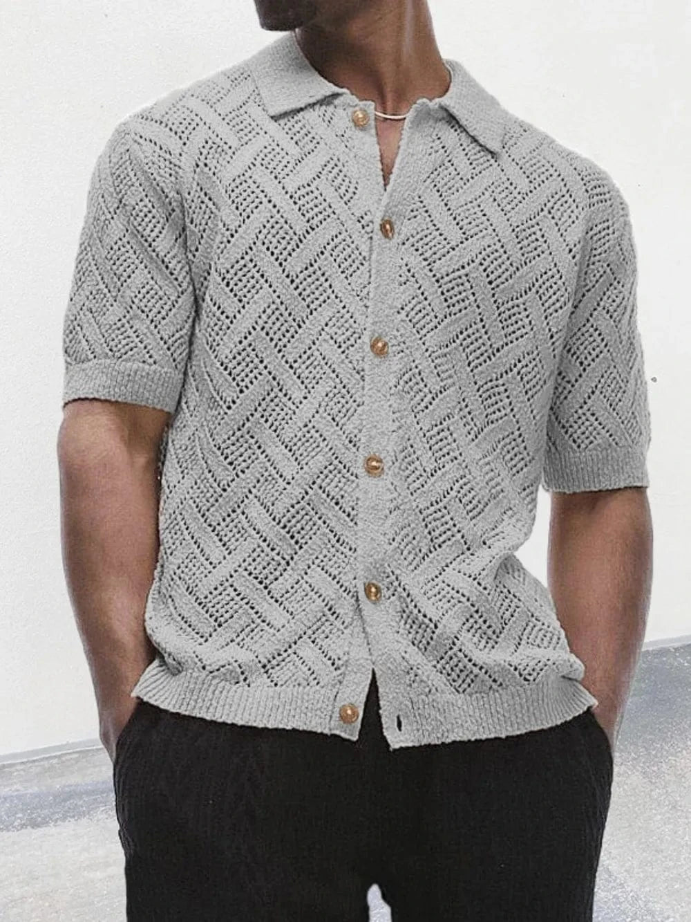 Trendsi Apparel & Accessories > Clothing > Swimwear Gray / M Men's Button Down Collared Neck Eyelet Knit Shirt Men's Button Down Collared Neck Eyelet Knit Shirt
