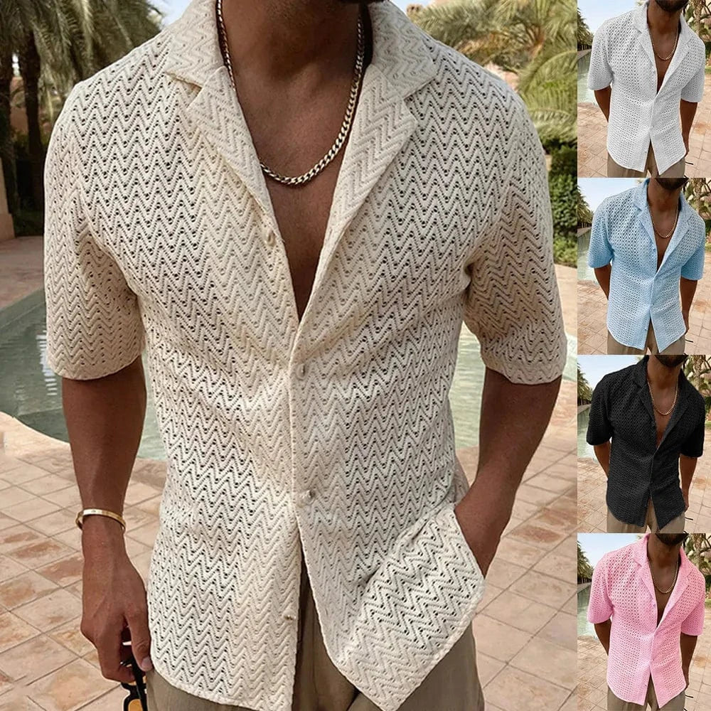 Trendsi Apparel & Accessories > Clothing > Swimwear Ivory / L Men's Plus Size Herringbone Eyelet Button Down Knit Shirt Men's Plus Size Herringbone Eyelet Button Down Knit Shirt