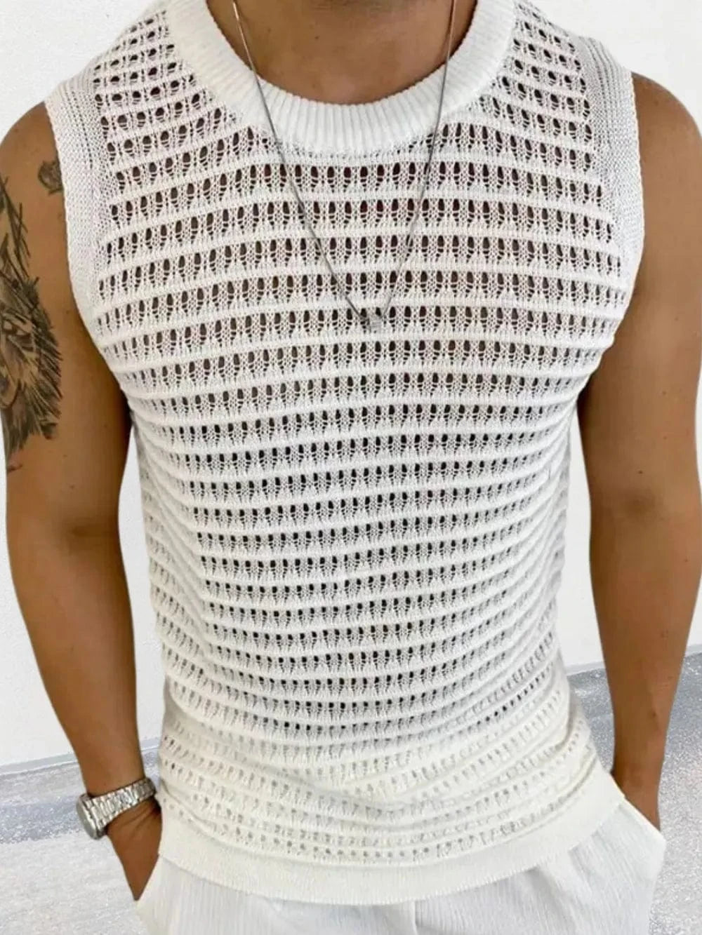 Trendsi Apparel & Accessories > Clothing > Swimwear Ivory / M Men's Round Neck Hollow Out Sleeveless Knit Top Men's Round Neck Hollow Out Sleeveless Knit Top