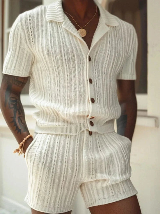 Trendsi Apparel & Accessories > Clothing > Swimwear Ivory / XXXL Men's Plus Size Button Down Short Sleeve Top and Shorts Set Men's Plus Size Button Down Short Sleeve Top and Shorts Set