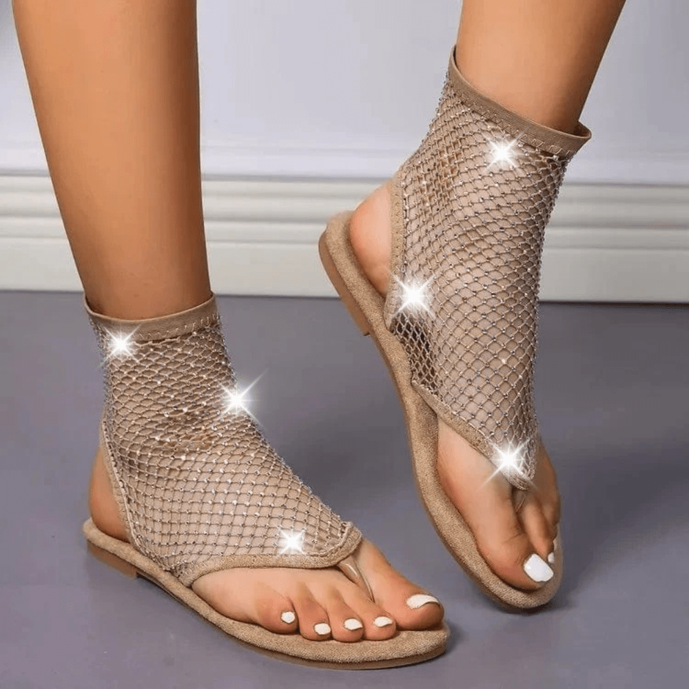 Trendsi Apparel & Accessories > Clothing > Swimwear Khaki / 44(US12) Black Sparkle Rhinestone Net Post Flats Sandals Black Sparkle Rhinestone Net Post Flats Sandals