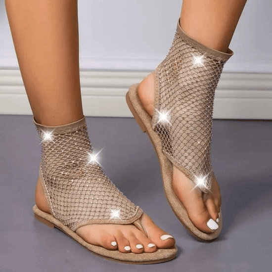 Trendsi Apparel & Accessories > Clothing > Swimwear Khaki / 44(US12) Black Sparkle Rhinestone Net Post Flats Sandals Black Sparkle Rhinestone Net Post Flats Sandals