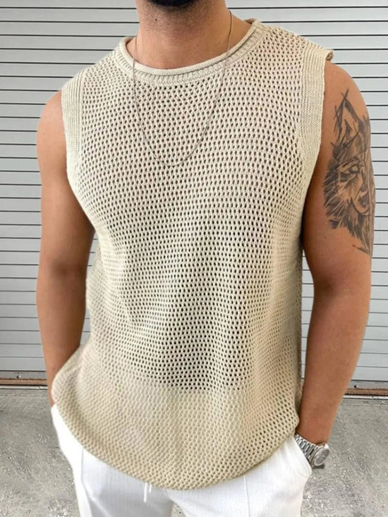 Trendsi Apparel & Accessories > Clothing > Swimwear Khaki / L Men's Openwork Round Neck Sleeveless Knit Top Men's Openwork Round Neck Sleeveless Knit Top