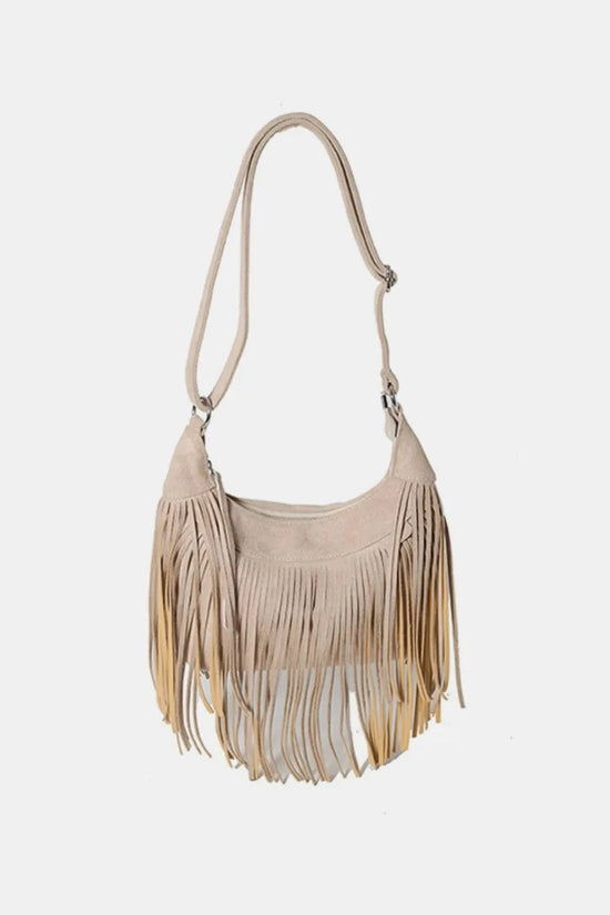 Trendsi Apparel & Accessories > Clothing > Swimwear Khaki / One Size Suede Fringe Adjustable Strap Shoulder Bag Suede Fringe Adjustable Strap Shoulder Bag