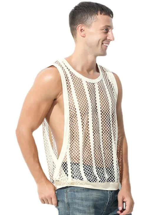 Load image into Gallery viewer, Trendsi Apparel &amp;amp; Accessories &amp;gt; Clothing &amp;gt; Swimwear Khaki / S Men&amp;#39;s Openwork Round Neck Tank Men&amp;#39;s Openwork Round Neck Tank
