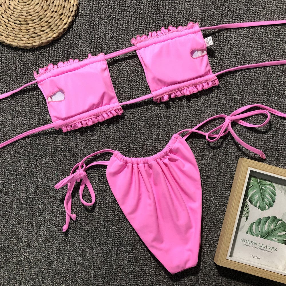 Trendsi Apparel & Accessories > Clothing > Swimwear Lavender Purple Bandeau Top & Tie Side Cheeky Ruched Bikini Set