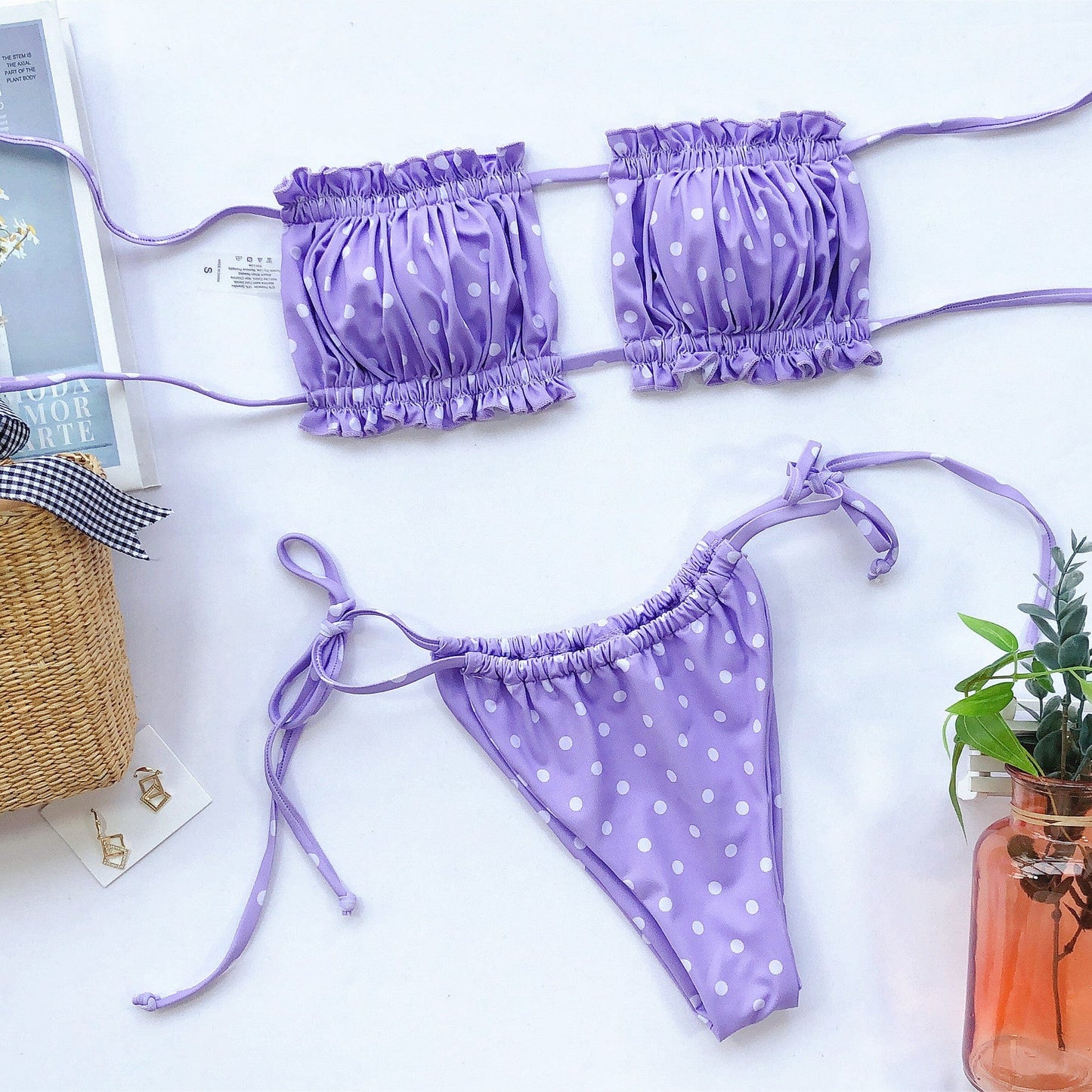 Trendsi Apparel & Accessories > Clothing > Swimwear Lavender Purple Bandeau Top & Tie Side Cheeky Ruched Bikini Set