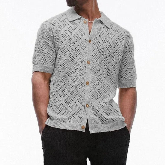Trendsi Apparel & Accessories > Clothing > Swimwear Men's Button Down Collared Neck Eyelet Knit Shirt Men's Button Down Collared Neck Eyelet Knit Shirt