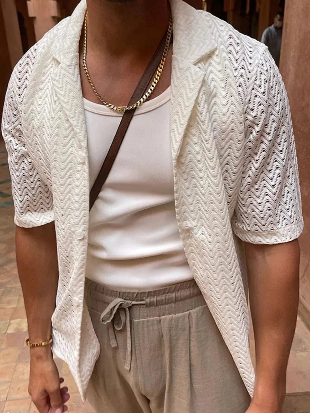 Trendsi Apparel & Accessories > Clothing > Swimwear Men's Plus Size Herringbone Eyelet Button Down Knit Shirt Men's Plus Size Herringbone Eyelet Button Down Knit Shirt