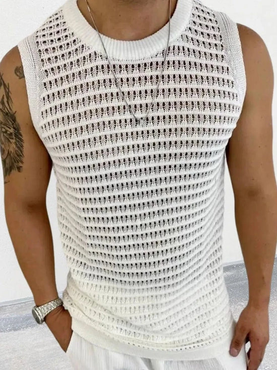 Trendsi Apparel & Accessories > Clothing > Swimwear Men's Round Neck Hollow Out Sleeveless Knit Top Men's Round Neck Hollow Out Sleeveless Knit Top