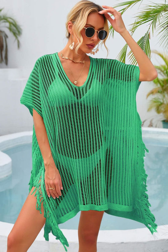 Trendsi Apparel & Accessories > Clothing > Swimwear Mid Green / One Size Fringe Trim Openwork Cover Up
