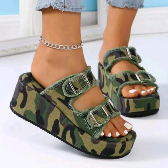 Trendsi Apparel & Accessories > Clothing > Swimwear Moss / 36(US5) Raw Hem Wedge Buckle Sandals Raw Hem Wedge Buckle Sandals