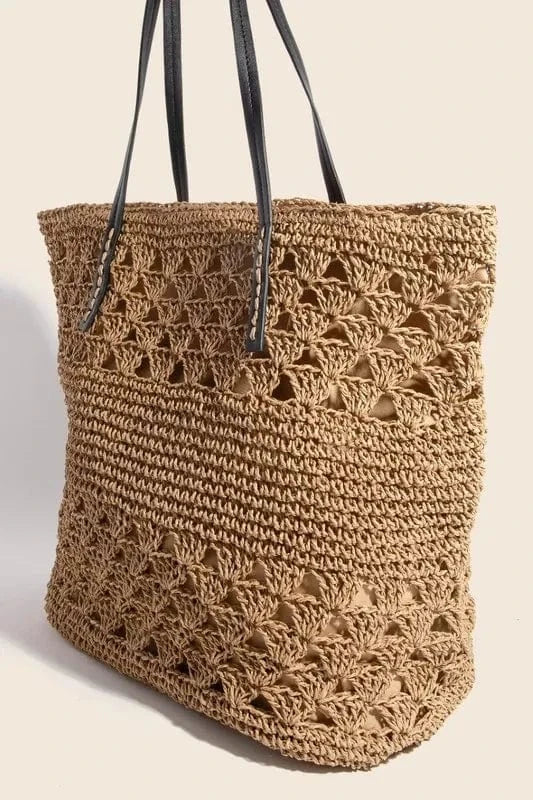 Trendsi Apparel & Accessories > Clothing > Swimwear Mustard / One Size Fame Faux Leather Handle Knitted Tote Bag Fame Faux Leather Handle Knitted Tote Bag