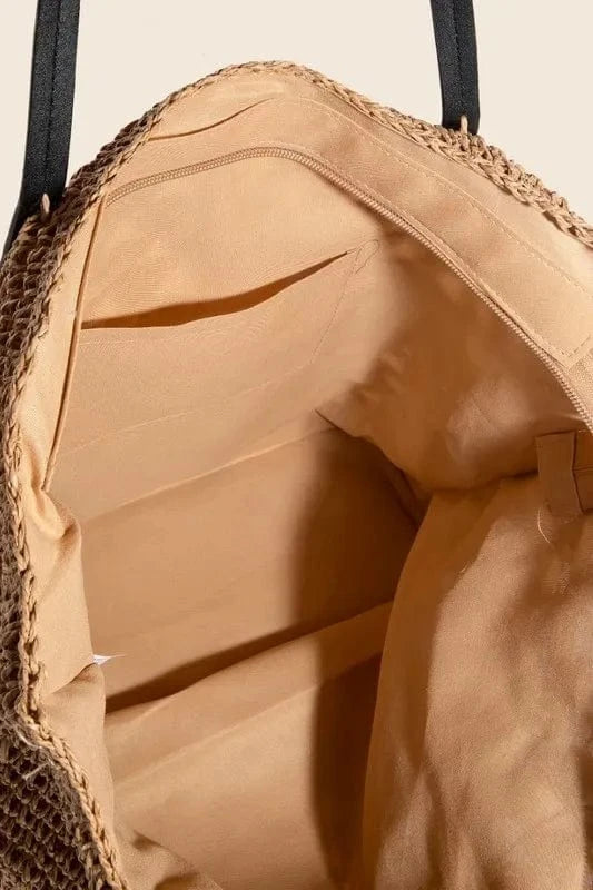 Trendsi Apparel & Accessories > Clothing > Swimwear Mustard / One Size Fame Faux Leather Handle Knitted Tote Bag Fame Faux Leather Handle Knitted Tote Bag