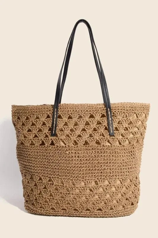 Trendsi Apparel & Accessories > Clothing > Swimwear Mustard / One Size Fame Faux Leather Handle Knitted Tote Bag Fame Faux Leather Handle Knitted Tote Bag