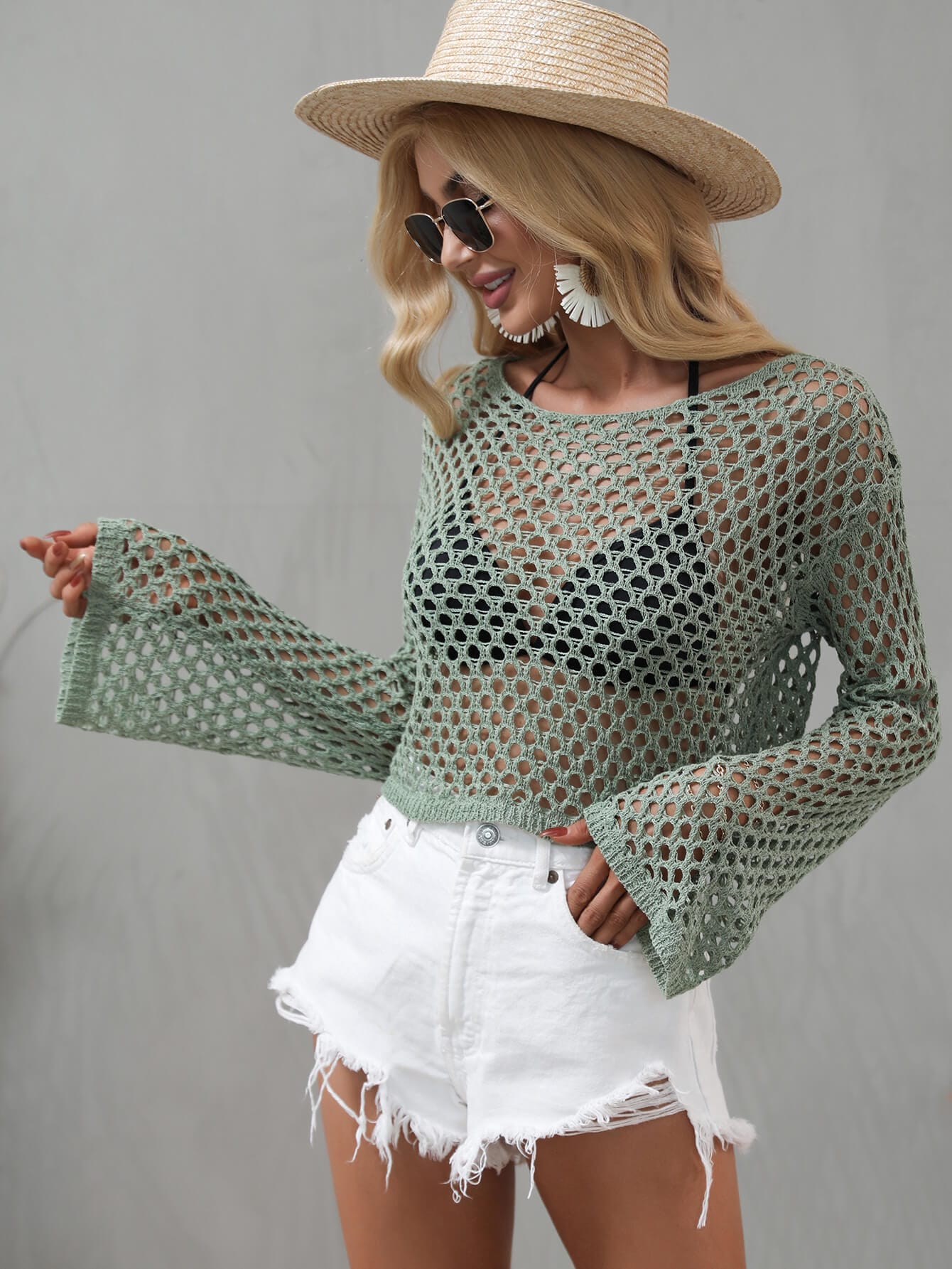 Trendsi Apparel & Accessories > Clothing > Swimwear Openwork Flare Sleeve Cropped Cover Up