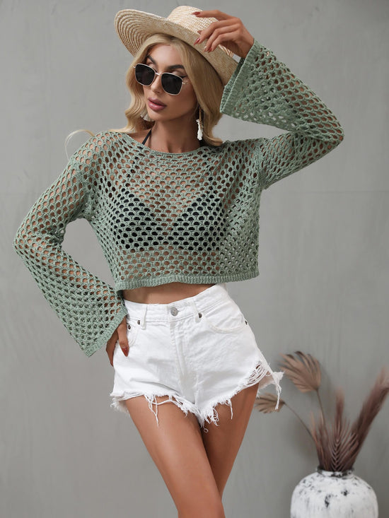 Trendsi Apparel & Accessories > Clothing > Swimwear Openwork Flare Sleeve Cropped Cover Up