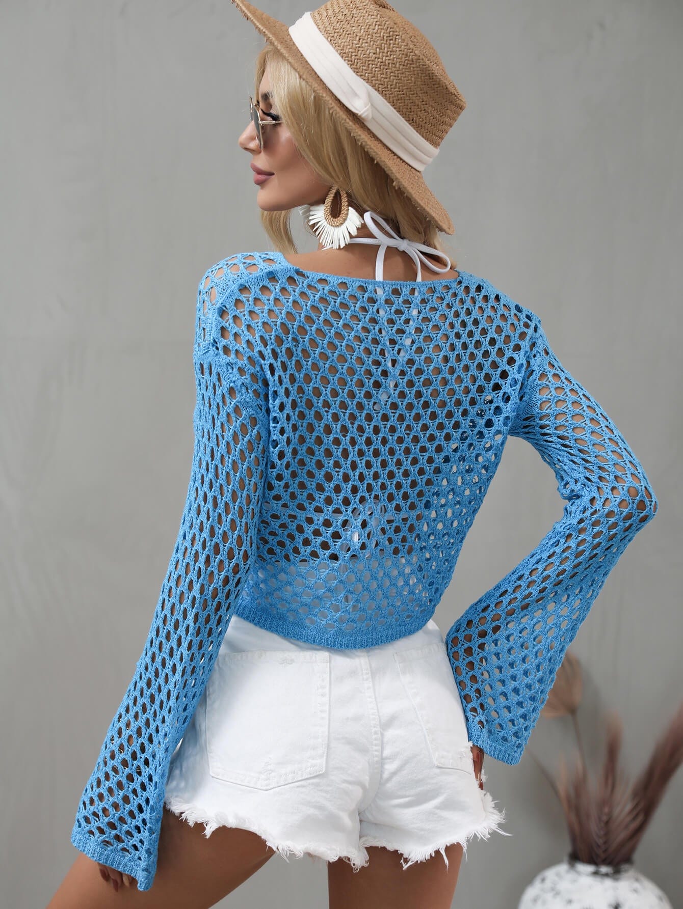 Trendsi Apparel & Accessories > Clothing > Swimwear Openwork Flare Sleeve Cropped Cover Up