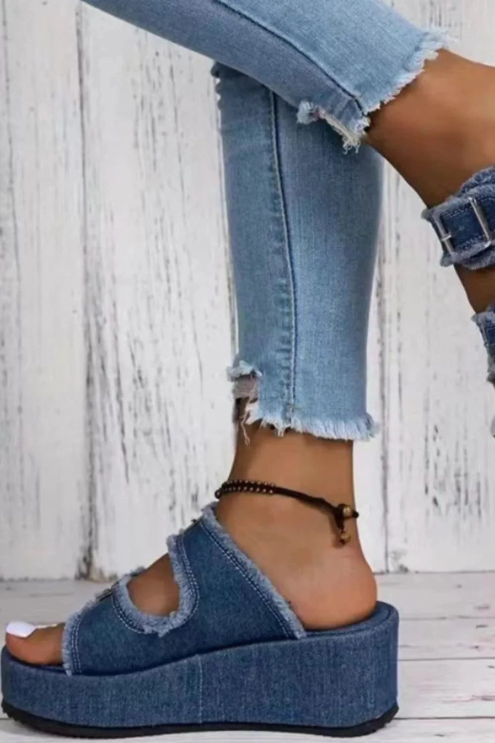Trendsi Apparel & Accessories > Clothing > Swimwear Raw Hem Wedge Buckle Sandals Raw Hem Wedge Buckle Sandals