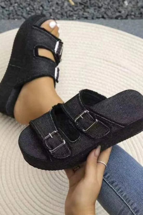 Trendsi Apparel & Accessories > Clothing > Swimwear Raw Hem Wedge Buckle Sandals Raw Hem Wedge Buckle Sandals