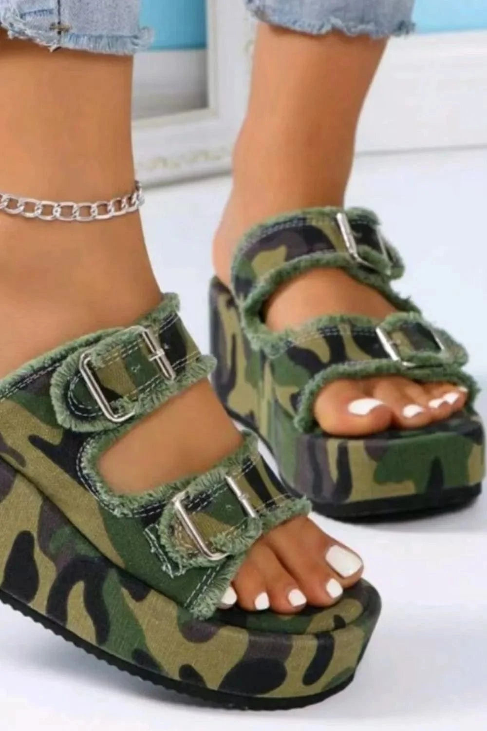 Trendsi Apparel & Accessories > Clothing > Swimwear Raw Hem Wedge Buckle Sandals Raw Hem Wedge Buckle Sandals