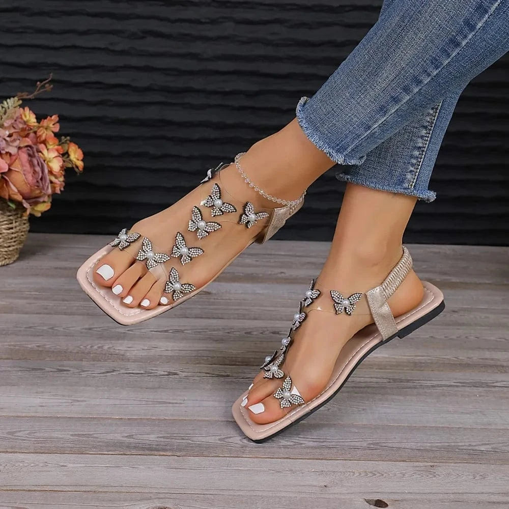 Trendsi Apparel & Accessories > Clothing > Swimwear Rhinestone Butterfly Flat Sandals Rhinestone Butterfly Flat Sandals