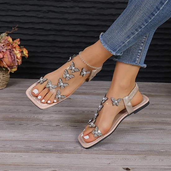 Load image into Gallery viewer, Trendsi Apparel &amp;amp; Accessories &amp;gt; Clothing &amp;gt; Swimwear Rhinestone Butterfly Flat Sandals Rhinestone Butterfly Flat Sandals
