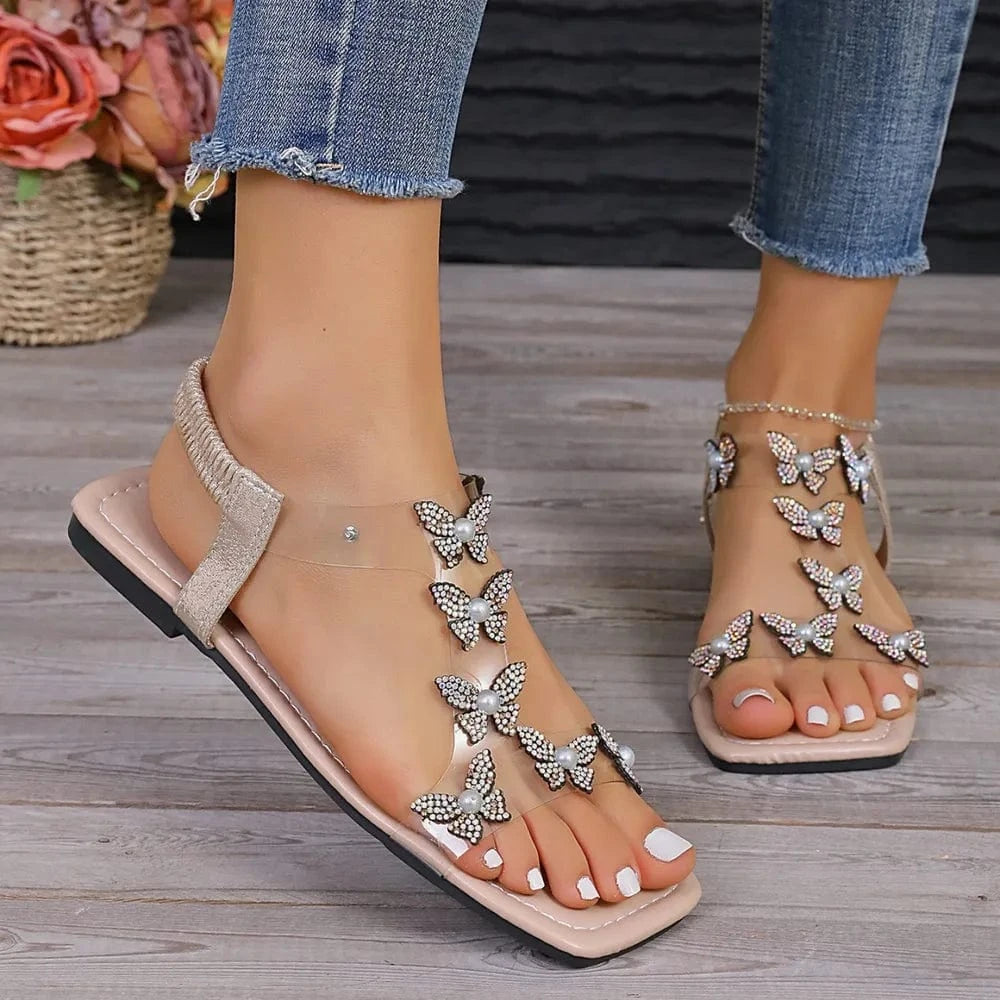 Trendsi Apparel & Accessories > Clothing > Swimwear Rhinestone Butterfly Flat Sandals Rhinestone Butterfly Flat Sandals