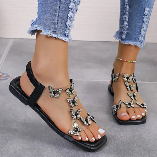 Load image into Gallery viewer, Trendsi Apparel &amp;amp; Accessories &amp;gt; Clothing &amp;gt; Swimwear Rhinestone Butterfly Flat Sandals Rhinestone Butterfly Flat Sandals
