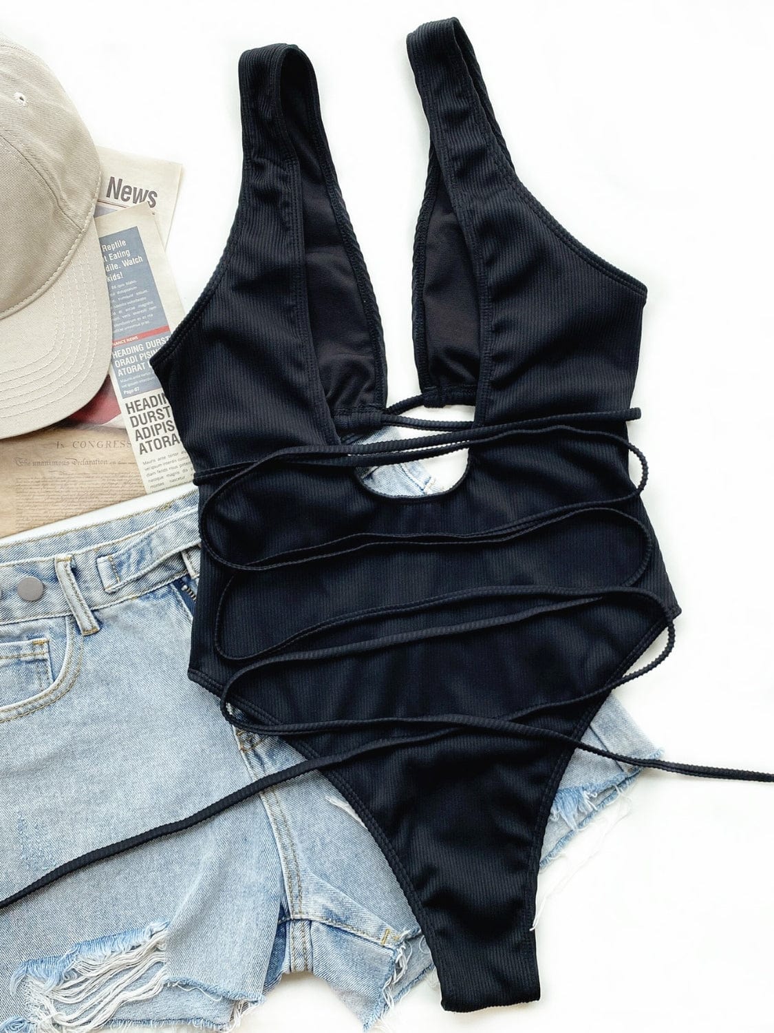 Trendsi Apparel & Accessories > Clothing > Swimwear Ribbed Lace Up One-Piece Swimsuit