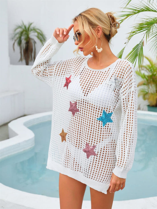 Trendsi Apparel & Accessories > Clothing > Swimwear Sequin Star Round Neck Long Sleeve Cover Up
