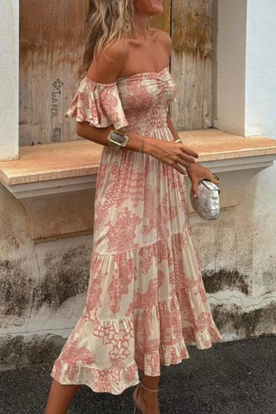 Trendsi Apparel & Accessories > Clothing > Swimwear Smocked Off-Shoulder Printed Midi Dress Smocked Off-Shoulder Printed Midi Dress