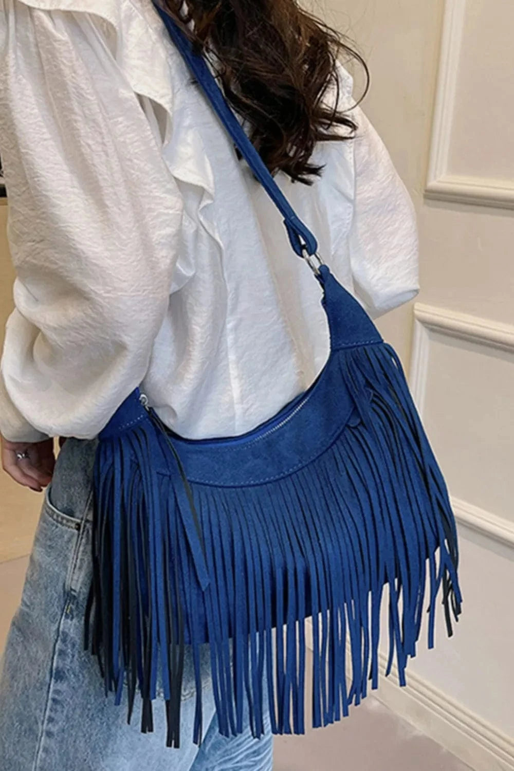 Trendsi Apparel & Accessories > Clothing > Swimwear Suede Fringe Adjustable Strap Shoulder Bag Suede Fringe Adjustable Strap Shoulder Bag