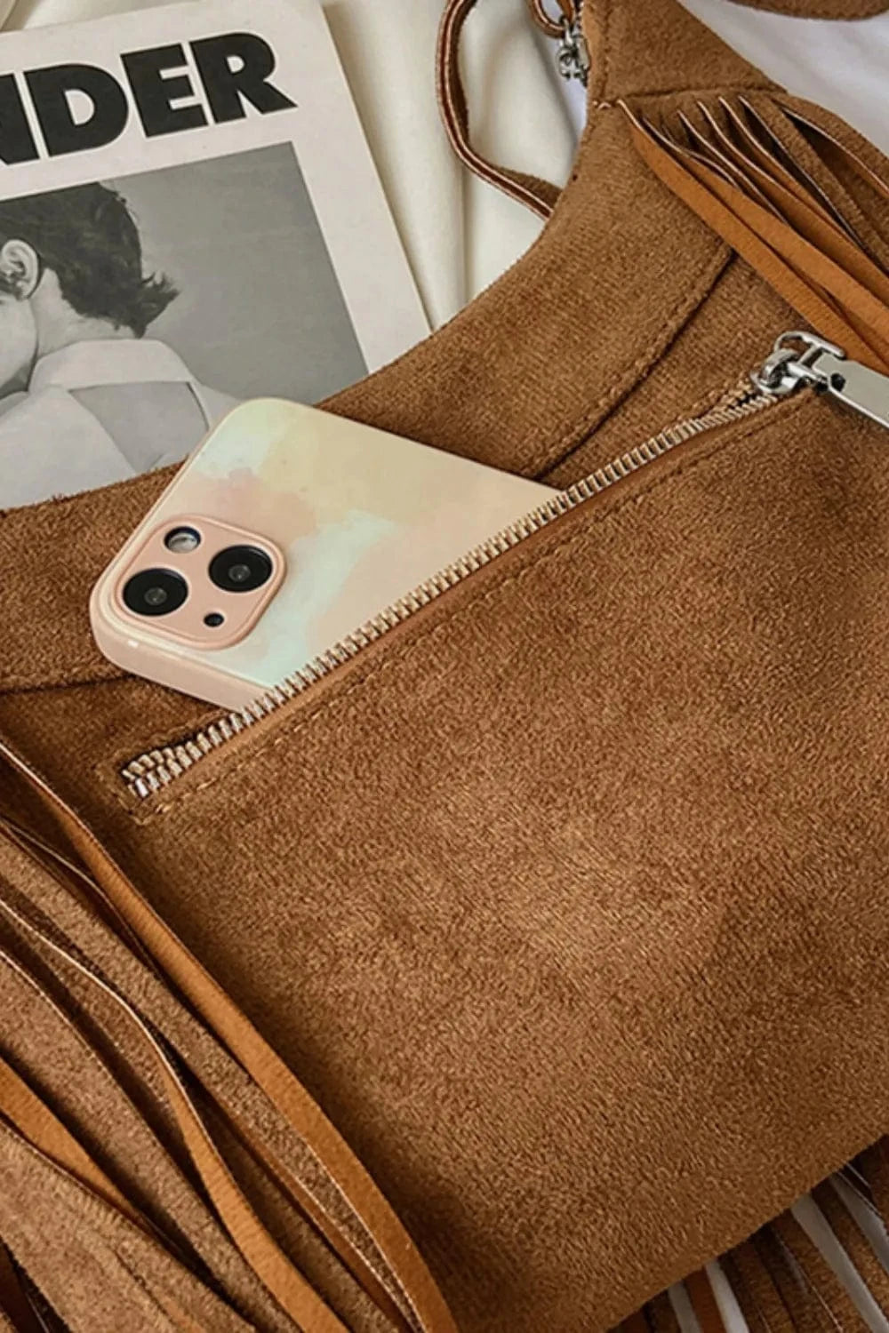 Trendsi Apparel & Accessories > Clothing > Swimwear Suede Fringe Adjustable Strap Shoulder Bag Suede Fringe Adjustable Strap Shoulder Bag