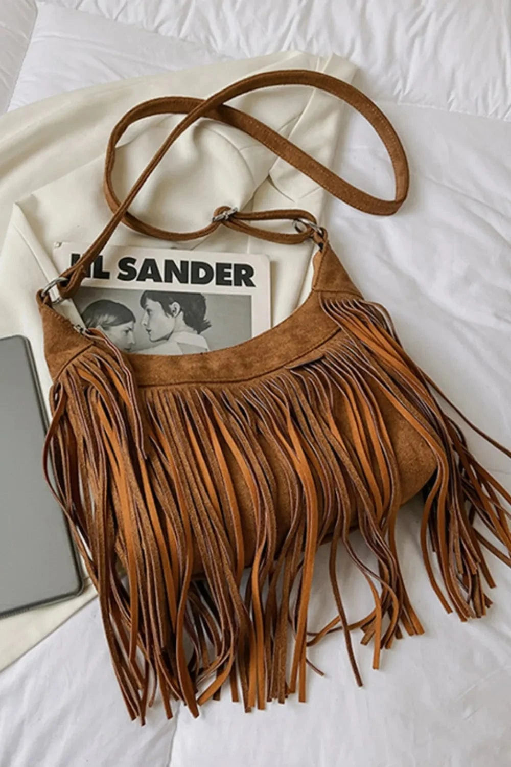 Trendsi Apparel & Accessories > Clothing > Swimwear Suede Fringe Adjustable Strap Shoulder Bag Suede Fringe Adjustable Strap Shoulder Bag