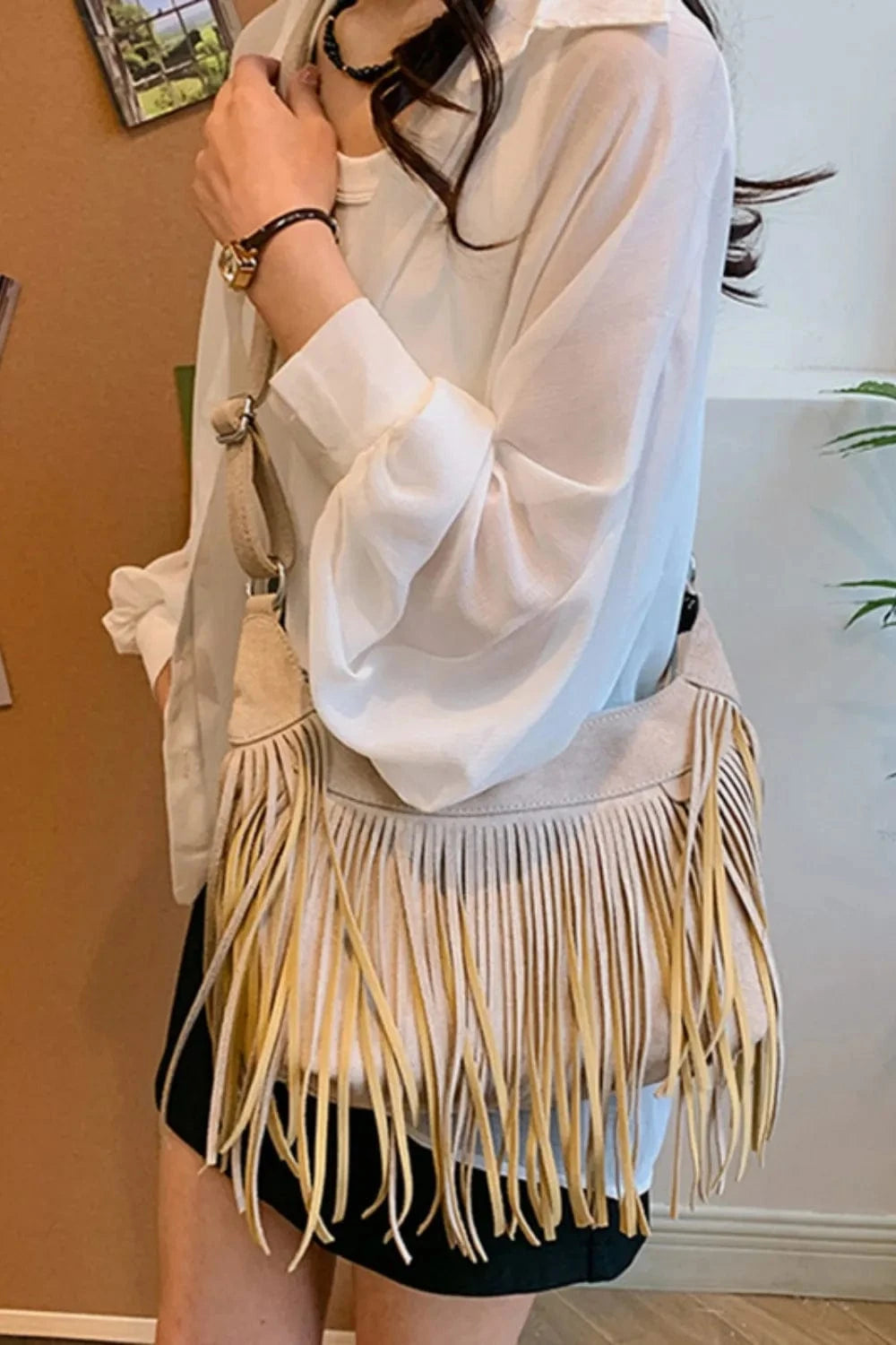 Trendsi Apparel & Accessories > Clothing > Swimwear Suede Fringe Adjustable Strap Shoulder Bag Suede Fringe Adjustable Strap Shoulder Bag