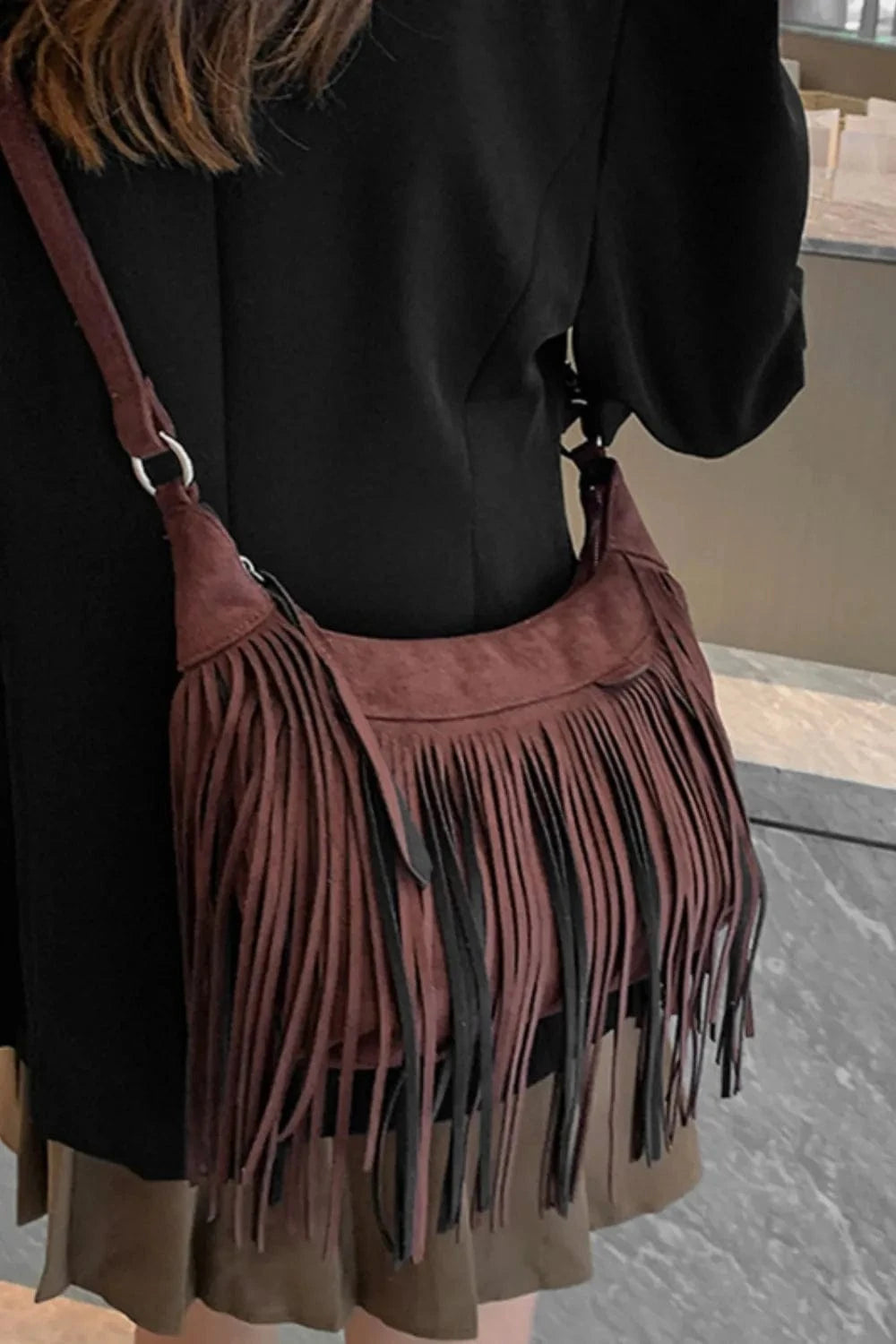 Trendsi Apparel & Accessories > Clothing > Swimwear Suede Fringe Adjustable Strap Shoulder Bag Suede Fringe Adjustable Strap Shoulder Bag