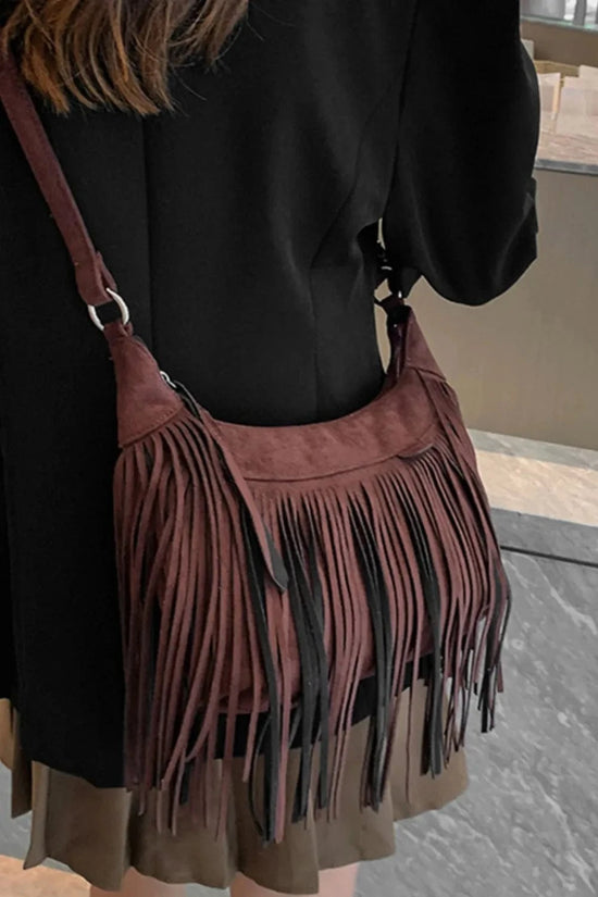 Trendsi Apparel & Accessories > Clothing > Swimwear Suede Fringe Adjustable Strap Shoulder Bag Suede Fringe Adjustable Strap Shoulder Bag