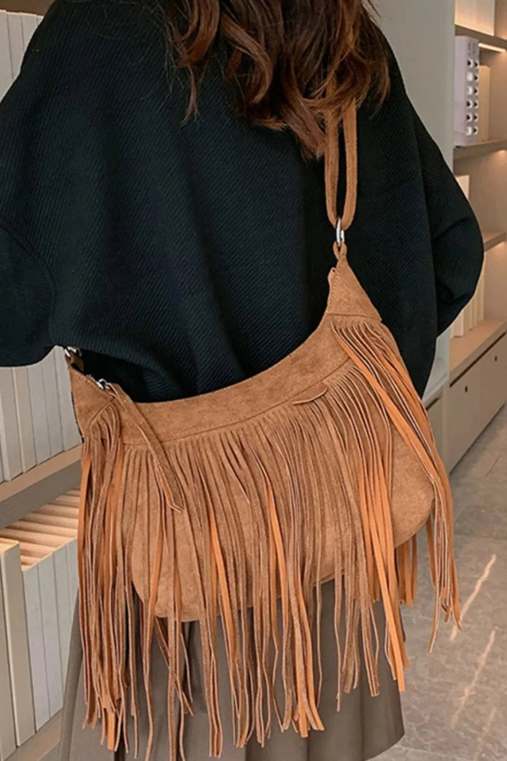 Trendsi Apparel & Accessories > Clothing > Swimwear Suede Fringe Adjustable Strap Shoulder Bag Suede Fringe Adjustable Strap Shoulder Bag