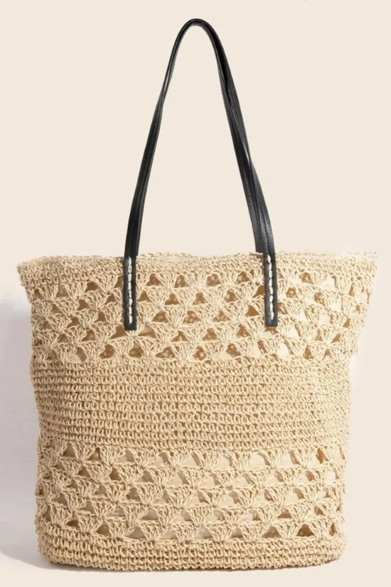 Trendsi Apparel & Accessories > Clothing > Swimwear Tan / One Size Fame Faux Leather Handle Knitted Tote Bag Fame Faux Leather Handle Knitted Tote Bag