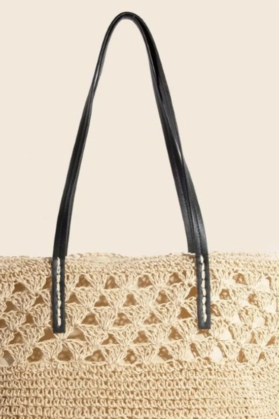 Trendsi Apparel & Accessories > Clothing > Swimwear Tan / One Size Fame Faux Leather Handle Knitted Tote Bag Fame Faux Leather Handle Knitted Tote Bag