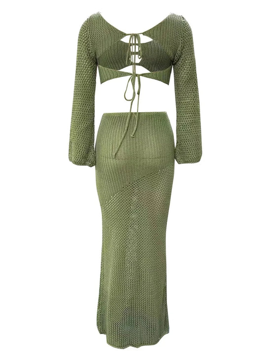 Trendsi Apparel & Accessories > Clothing > Swimwear Tied Long Sleeve Top and Skirt Cover Up Set Tied Long Sleeve Top and Skirt Cover Up Set