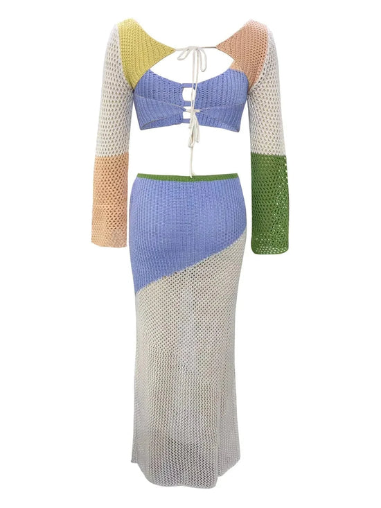 Trendsi Apparel & Accessories > Clothing > Swimwear Tied Long Sleeve Top and Skirt Cover Up Set Tied Long Sleeve Top and Skirt Cover Up Set