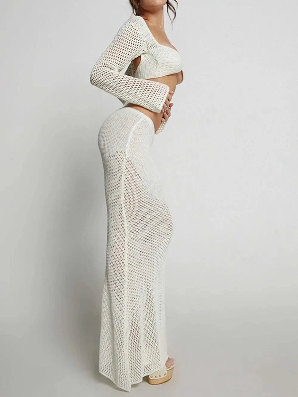 Trendsi Apparel & Accessories > Clothing > Swimwear Tied Long Sleeve Top and Skirt Cover Up Set Tied Long Sleeve Top and Skirt Cover Up Set