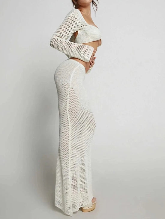 Trendsi Apparel & Accessories > Clothing > Swimwear Tied Long Sleeve Top and Skirt Cover Up Set Tied Long Sleeve Top and Skirt Cover Up Set