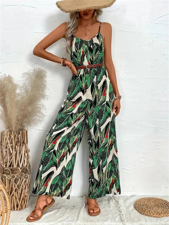 Trendsi Apparel & Accessories > Clothing > Swimwear Tropical Print Spaghetti Strap Wide Leg Jumpsuit Tropical Print Spaghetti Strap Wide Leg Jumpsuit