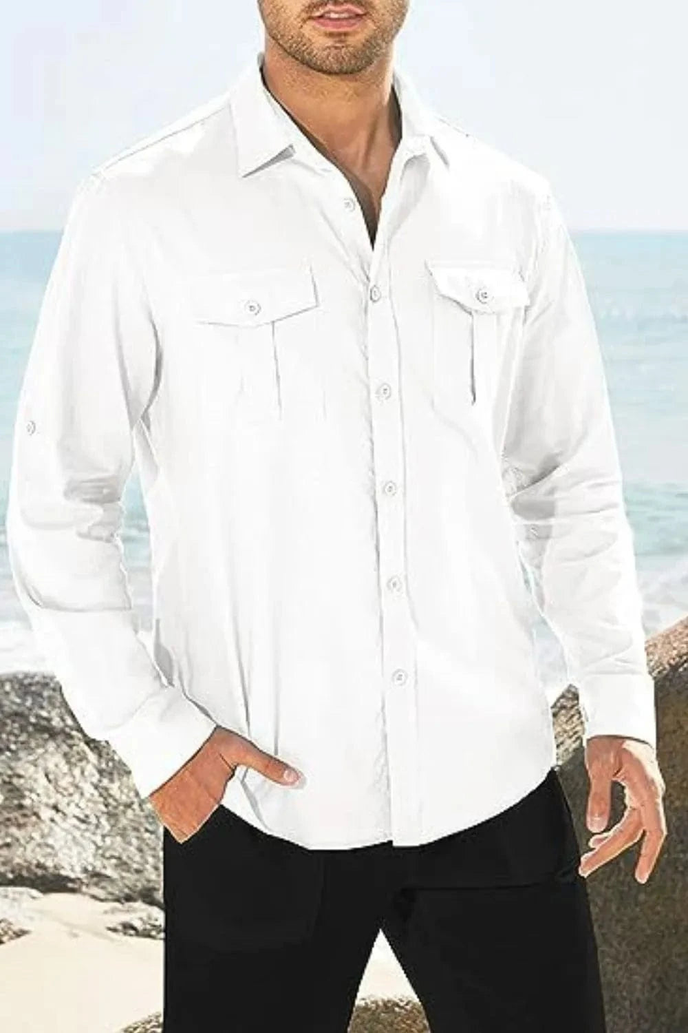 Trendsi Apparel & Accessories > Clothing > Swimwear White / M Men's Plus Size Button Down Collared Neck Long Sleeve Shirt Men's Plus Size Button Down Collared Neck Long Sleeve Shirt
