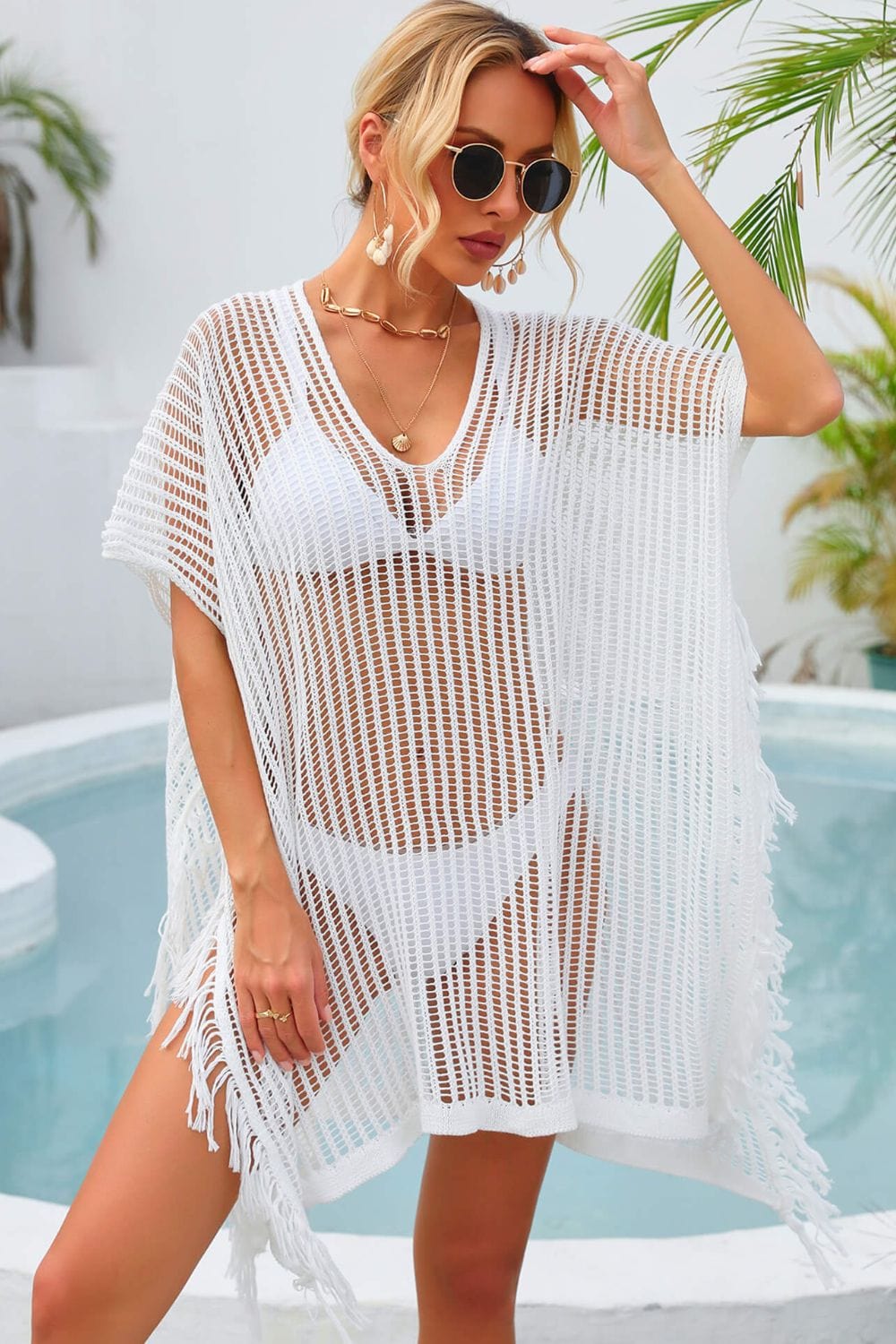 Trendsi Apparel & Accessories > Clothing > Swimwear White / One Size Fringe Trim Openwork Cover Up